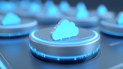 Poster - Futuristic Cloud Computing Interface with Glowing Cloud Icon on Control Panel in Modern Digital Environment