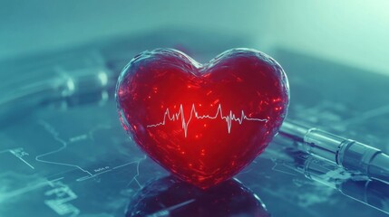 Aufkleber - Glowing red heart with dynamic cardiogram on a medical background symbolizing life and health monitoring. Generative AI