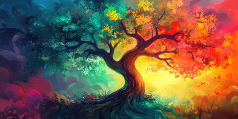 Poster - Abstract Art Wallpaper Illustration with Big Tree in the Background for Nature and Conceptual Design