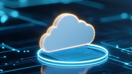 Poster - Futuristic Cloud Icon with Lights and Technology Elements on Digital Background for Data Storage Concepts