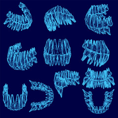Poster - Series of blue drawings of teeth, each one slightly different from the next. The images are all in black and white, and the teeth are shown in various stages of decay