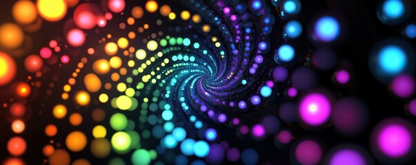Wall Mural - a mesmerizing spiral of glowing dots in various colors on a black canvas, 4k photo.