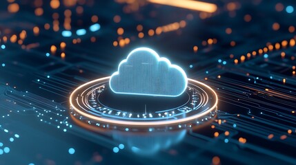 Poster - Futuristic Cloud Symbol Overlaid on High-Tech Digital Circuitry with Blue and Orange Glowing Elements
