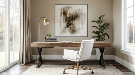 Wall Mural - A bohemian style home office with a natural wood desk, a modern white armchair, and an abstract art poster on the wall. Minimalist interior design of a living room or bedroom