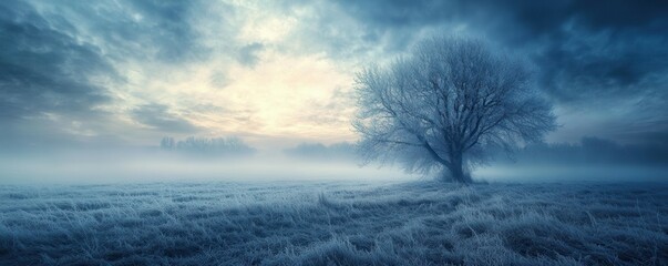 Wall Mural - A misty field covered in frost on a serene winter morning, 4k photo