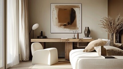 Wall Mural - A bohemian style home office with a natural wood desk, a modern white armchair, and an abstract art poster on the wall. Minimalist interior design of a living room or bedroom