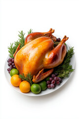 Wall Mural - Roasted turkey on a platter, isolated on white background