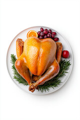 Wall Mural - Roasted turkey on a platter, isolated on white background