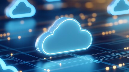 Poster - futuristic cloud technology concept with neon lights and digital network background for data storage