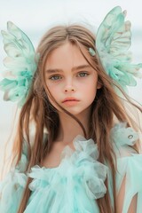 Wall Mural - A young girl with long blonde hair and a green dress with a flowery design. She is wearing a green headpiece and has a blue and white outfit