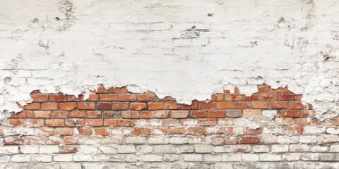 Weathered red-brown brick wall with cracks and peeling white paint creates a textured backdrop with ample copy space for text or design elements.