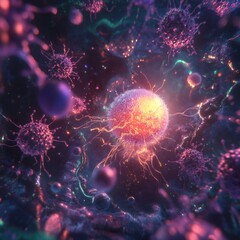 Leinwandbilder - Glowing cell illuminated amidst a swarm of menacing viruses in a microscopic environment showcasing intricate details. Generative AI