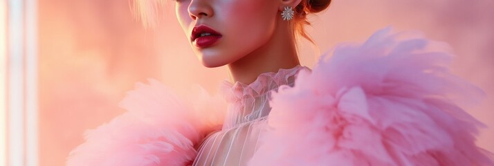 Sticker - A woman is wearing a pink fur coat and has red lipstick. She has a beautiful and elegant look, with her hair styled in a bun and her eyes looking up. The pink fur coat is made of soft