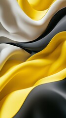 Poster - Soft, flowing waves ripple through fabric in shades of butter yellow, pure white, and deep black, creating an artistic interplay of color and texture reminiscent of a vibrant tapestry