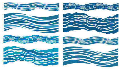 Blue Waves Set. Seamless beautiful waves. Vector blue marine pattern. Stylized design.