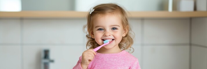 Sticker - A young girl is brushing her teeth in a bathroom. She is smiling and she is enjoying the activity