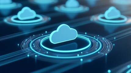 Poster - Futuristic Digital Cloud Technology with Neon Circles and Lines Representing Data Connectivity and Storage