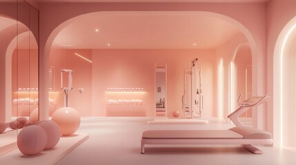 Leinwandbilder - Pastel pink accents and soft curves define this minimalist gym, creating a vibrant and feminine atmosphere perfect for a modern workout