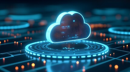 Poster - futuristic digital cloud with neon lights and data connections in a technological landscape visualiz
