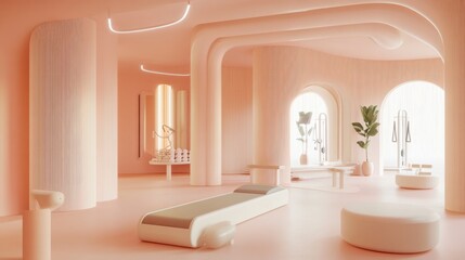 Leinwandbilder - Pastel pink accents and soft curves define this minimalist gym, creating a vibrant and feminine atmosphere perfect for a modern workout