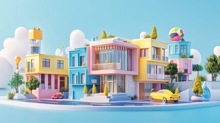 A vibrant 3D layout highlighting property assets with a polished, marketing-ready presentation