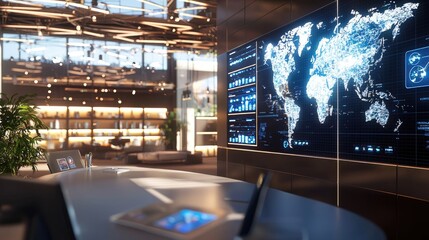 Poster - futuristic office with global network visualization