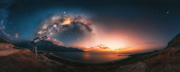 Wall Mural - a powerful telescope pointing towards the milky way under a star-filled sky, 4k photo.