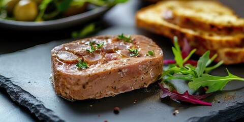 Wall Mural - Duck liver pÃ¢tÃ© slice garnished with fresh herbs on a dark slate plate, surrounded by toasted bread and fresh salad greens in soft lighting.