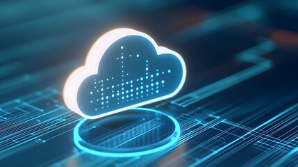 Poster - Glowing Cloud Icon with Digital Data Streams Representing Modern Cloud Technology and Data Storage Concepts
