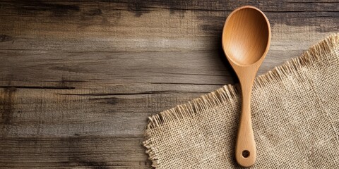 Wall Mural - Wooden spoon resting on textured burlap fabric placed on a rustic wooden table with earthy tones creating an inviting kitchen atmosphere