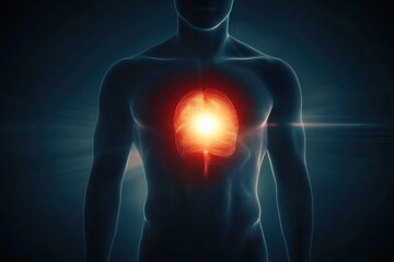 Poster - Human torso illuminated with a vibrant glow and a striking red focus at the stomach area during a conceptual representation of energy. Generative AI