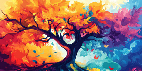 Poster - Abstract Art Wallpaper Illustration with Big Tree in the Background for Nature and Conceptual Design