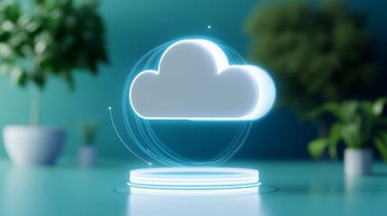 Poster - modern cloud icon with neon glow and abstract elements on a soft blue background for tech and digita