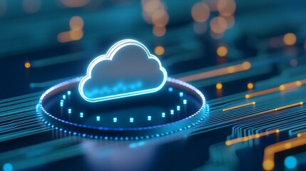 Poster - modern digital cloud icon against futuristic circuit board background with glowing lights and connec