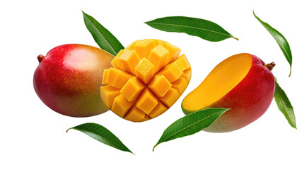 Wall Mural - mango fruit with leaves isolated on white  transparent background PNG