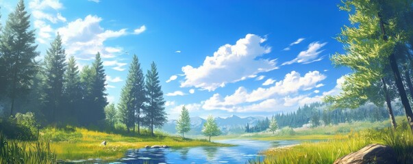 Canvas Print - Bright blue sky with soft clouds, serene natural landscape, calming outdoor setting.