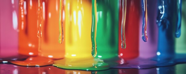 Wall Mural - a rainbow of paint dripping down a glass surface in vibrant streaks, 4k photo