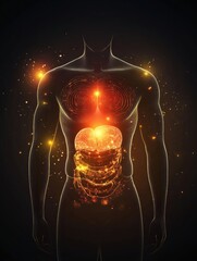 Aufkleber - Glowing human torso with bright focal point in abdominal area illustrating energy and vitality. Generative AI