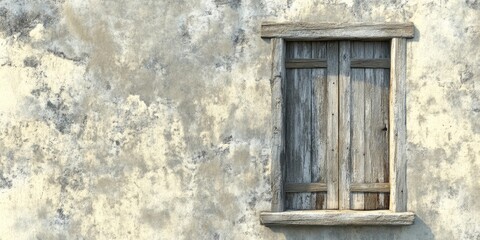 Wall Mural - Vintage wooden window set against a weathered aged cement wall exhibiting soft gray and beige tones with blank space for text on the right