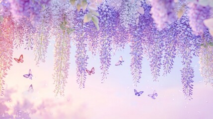 Wall Mural - Wisteria flowers fall in soft shades of purple, mauve and blue, the sky is pastel pink and rose pink. Creating a romantic and serene atmosphere, with delicate butterflies flying among the flowers.