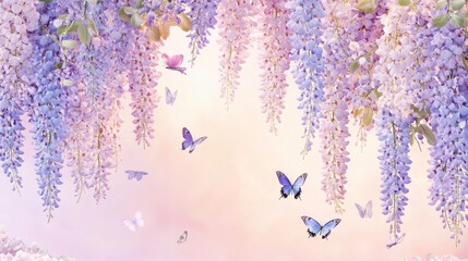 Wall Mural - Wisteria flowers fall in soft shades of purple, mauve and blue, the sky is pastel pink and rose pink. Creating a romantic and serene atmosphere, with delicate butterflies flying among the flowers.