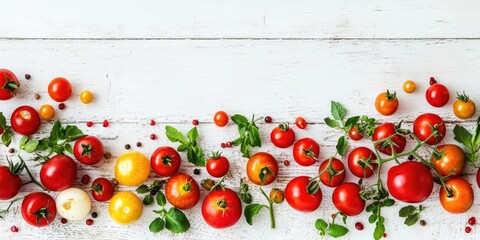 Sticker - Vibrant assortment of red and yellow tomatoes with green leaves scattered on a white wooden table creating a fresh organic eating concept