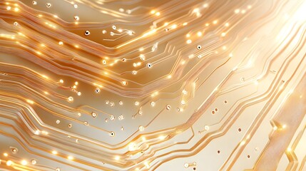 Poster - Abstract close-up of a golden circuit board with glowing lights, representing technology, innovation, and digital connectivity in a futuristic design