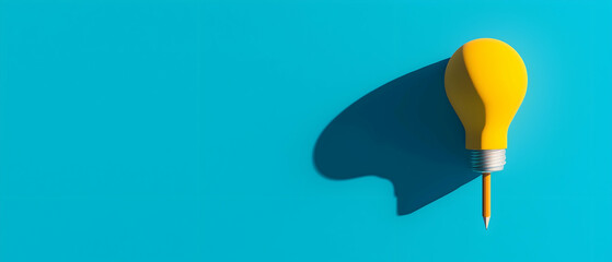 Poster - A bright yellow light bulb-shaped pencil on a turquoise background casts a shadow, creating a modern and creative visual effect.