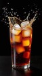 Cola drink ice cubes glass splash droplets amber