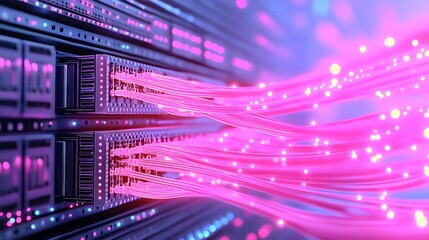 Poster - High-Tech Data Center with Glowing Fiber Optic Cables and Server Racks Illustrating Modern Network Connectivity and Advanced Technology in Digital Communication