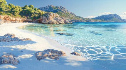 Wall Mural - Idyllic beach scene with clear turquoise water, white sand, and rocky hills.