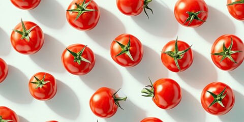 Wall Mural - Aerial view of vibrant red tomatoes arranged evenly on a light background, casting soft shadows, ideal for healthy menu or recipe designs.