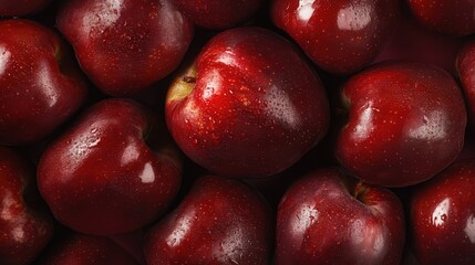 Wall Mural - Close-up shot of several shiny red apples with water droplets on a dark background