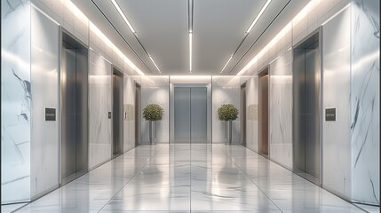Leinwandbilder - Minimalist commercial elevator hall with large light gray tiles on the floor, soft gray or white walls, subtle metal trim around the elevator, plain white ceiling with recessed LED lighting.
